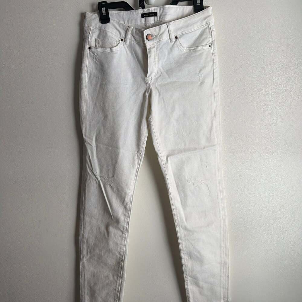 Massimo Dutti Women's White Skinny Fit Mid-Rise Distressed Jeans